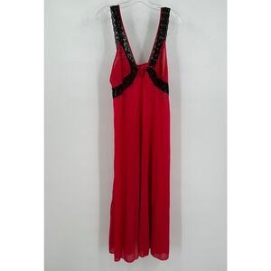 Katz Women Vintage Boudoir Nightgown Sz L Red Black Lace Trim Old Hollywood Glam